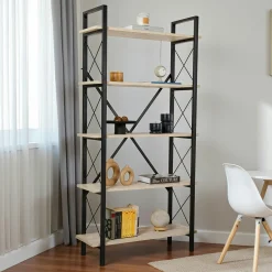 Bibliothèque étagère noire, 5 plateaux effet travertin JENA
