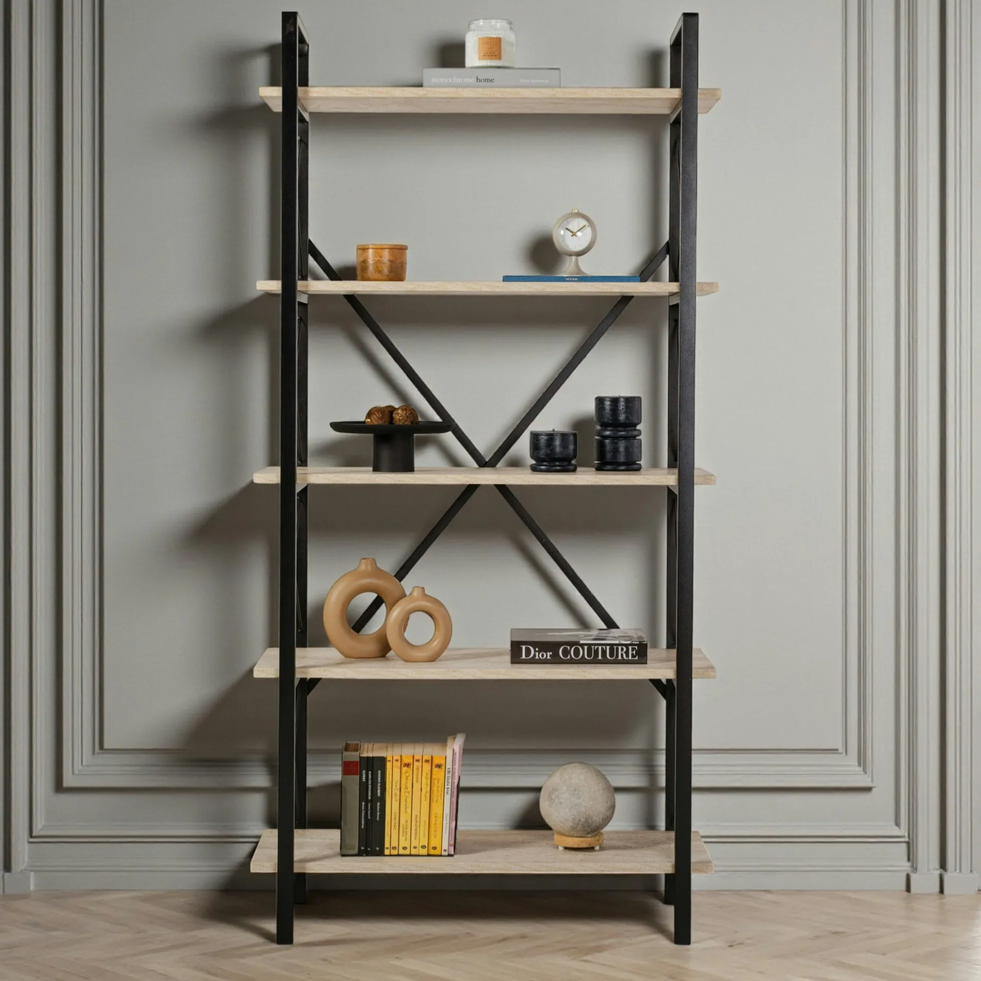 Bibliothèque étagère noire, 5 plateaux effet travertin JENA