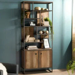 Bibliothèque étagère teck recyclé 2 portes SWING