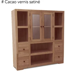 Bibliothèque / Vaisselier Hévéa 2 portes vitrées et bois, 2 tiroirs, 6 niches 130x40x140cm OLGA