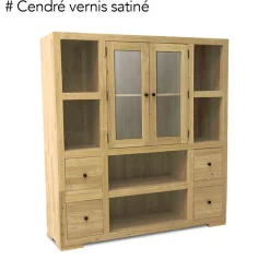 Bibliothèque / Vaisselier Hévéa 2 portes vitrées et bois, 2 tiroirs, 6 niches 130x40x140cm OLGA