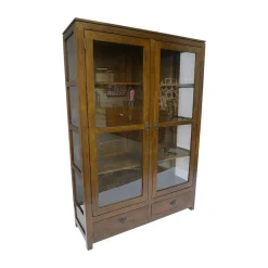 Bibliothèque vitrée Hévéa 2 portes, 2 tiroirs, 120x38x170cm HELENA