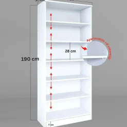 Bibliothèque vitrine blanche, 6 étagères réglables SALTA
