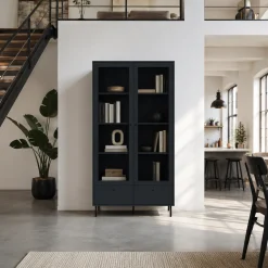 Bibliothèque vitrine bleu sombre 2 portes 1 tiroir RAVEN