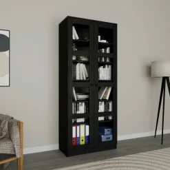 Bibliothèque vitrine noire, 6 étagères réglables SALTA