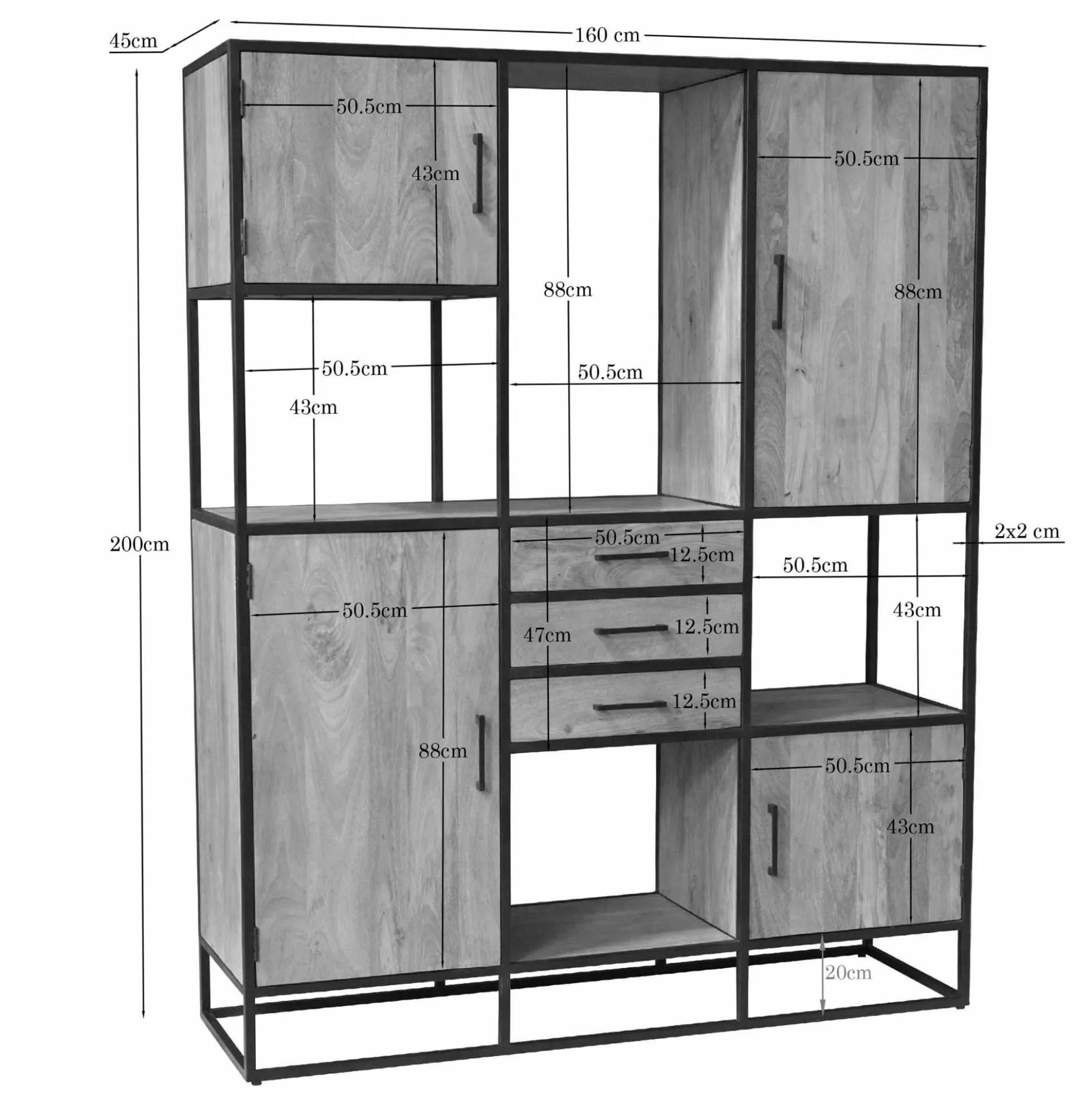 Bibliothèque XXL 4 portes bois clair et métal noir RIVANO
