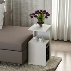 Bout de canapé blanc moderne 2 tablettes 1 niche MARFA
