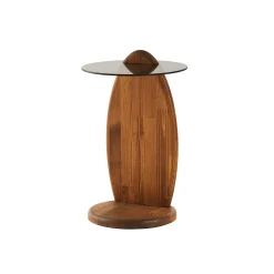Bout de canapé bois brun et verre fumé - forme ronde ANZIO