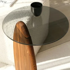 Bout de canapé bois brun et verre fumé - forme ronde ANZIO