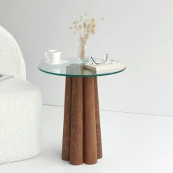 Bout de canapé en verre et bois brun - base sculptée ANZIO