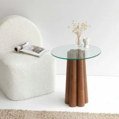 Bout de canapé en verre et bois brun - base sculptée ANZIO