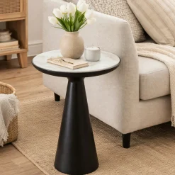 Bout de canapé marbre blanc et pied noir Ø38 cm DUOMO