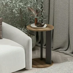 Bout de canapé rond décor bois foncé pied métal MARFA