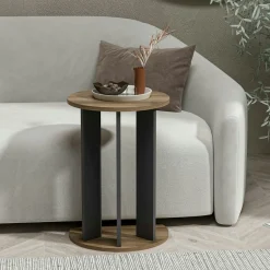 Bout de canapé rond décor bois foncé pied métal MARFA