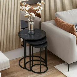 Bout de canapé rond effet marbre noir (lot de 3) JENA