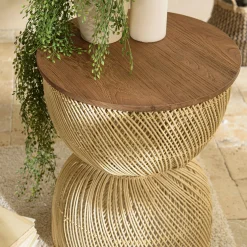 Bout de canapé rond en rotin beige plateau bois 41 cm SWING