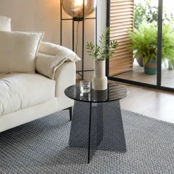 Bout de canapé rond en verre fumé noir VETRO