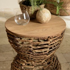 Bout de canapé rond forme sablier bois et cannage tressé SWING