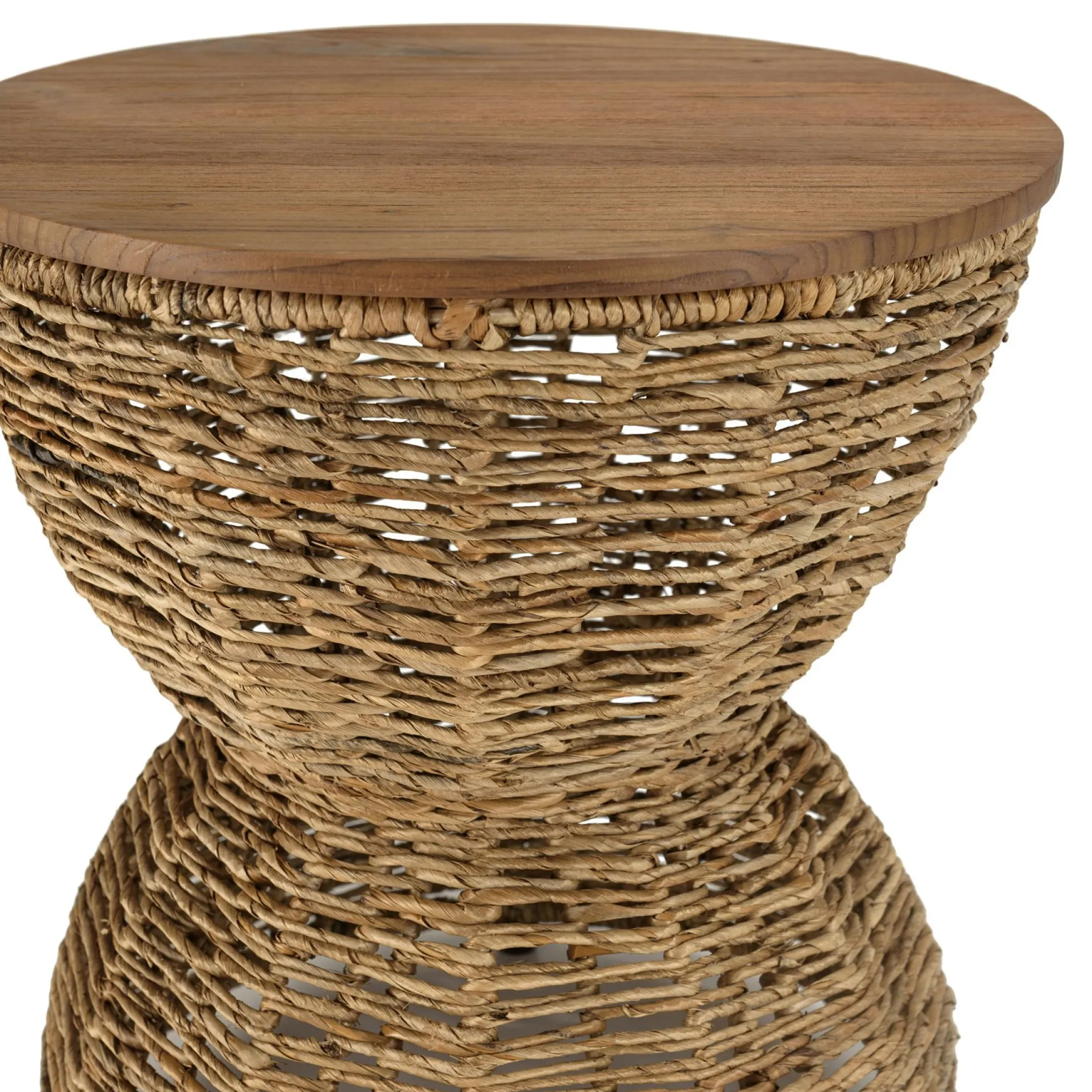 Bout de canapé rond forme sablier bois et chanvre tressé SWING