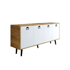 Buffet bas blanc et effet bois, poignées noires MARFA