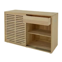 Buffet bas Hévéa 2 portes coulissantes Persiennes, 2 tiroirs intérieurs 120x45x80cm NEW ORLEANS