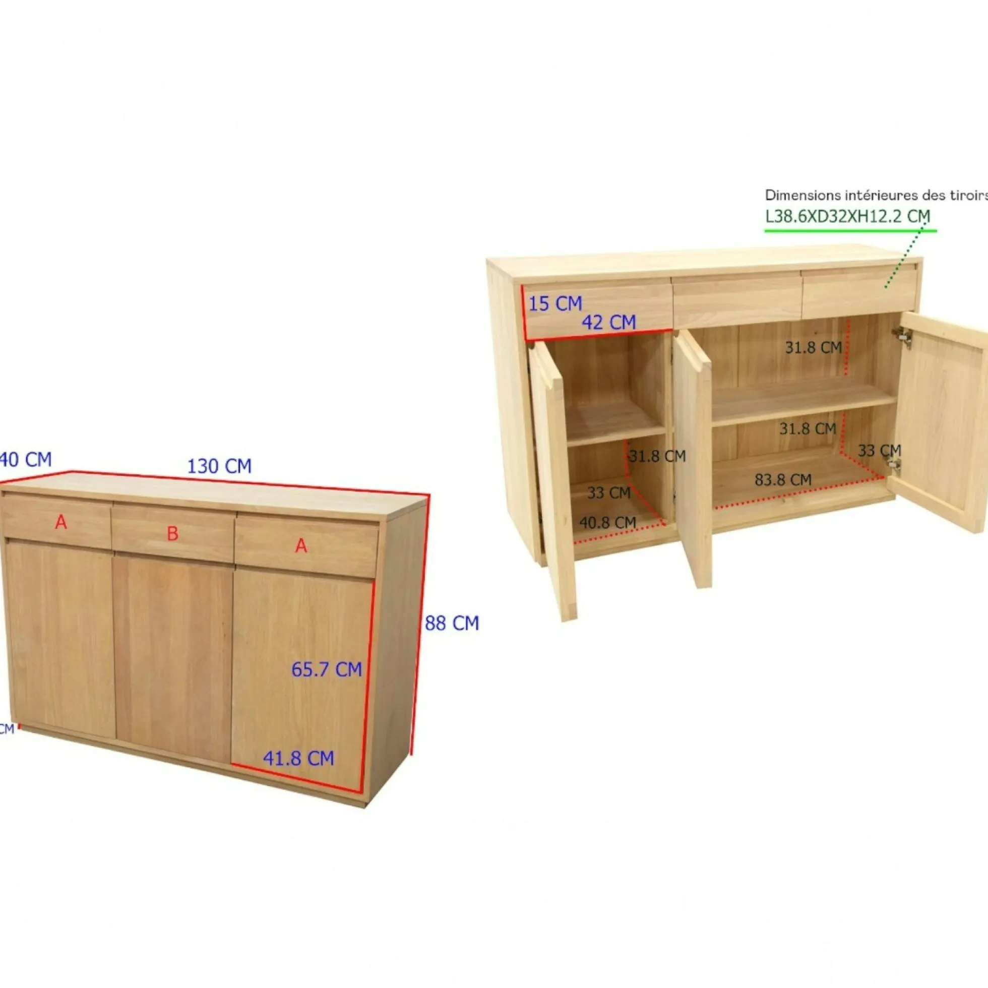 Buffet bas Hévéa 3 portes, 3 tiroirs 130x40x88cm BALTIC