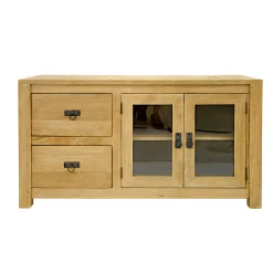 Buffet bas Hévéa 2 portes vitrées, 2 tiroirs 120x50x65cm TESSA