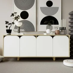 Buffet bas moderne effet bois 4 portes blanches VAREN