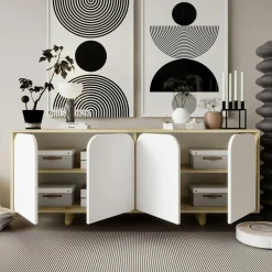 Buffet bas moderne effet bois 4 portes blanches VAREN