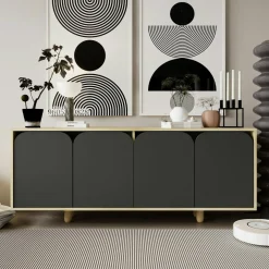 Buffet bas moderne effet bois 4 portes anthracites VAREN