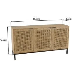 Buffet bas 3 portes cannage naturel pieds métal PALMA