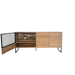 Buffet bas vitrine bois de chêne blanc 180 cm HAVEN
