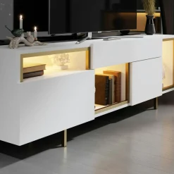 Buffet blanc et doré 2 portes 3 niches LED AURA