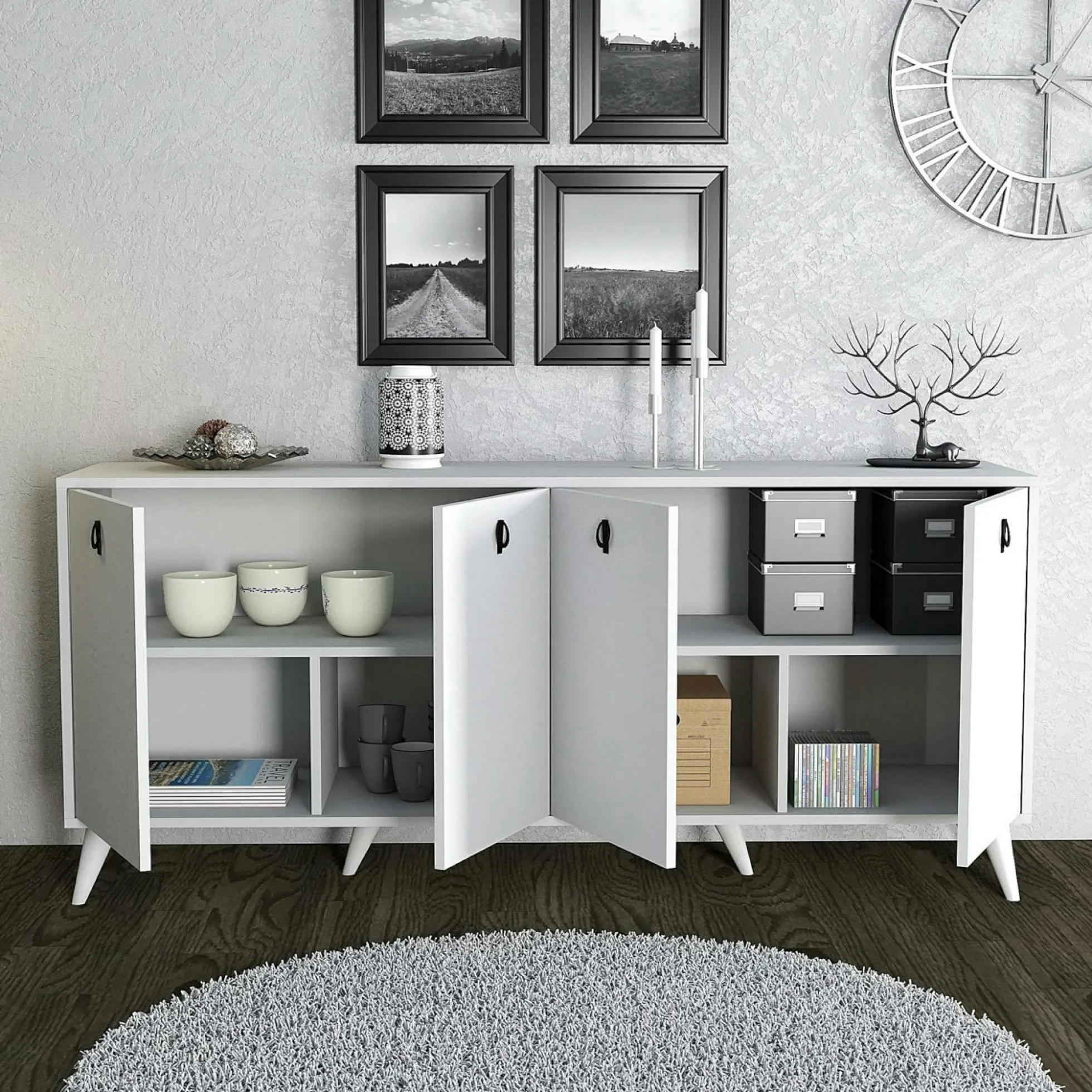 Buffet blanc moderne 4 portes, poignées à anneaux UMEA