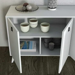 Buffet blanc moderne 4 portes, poignées à anneaux UMEA