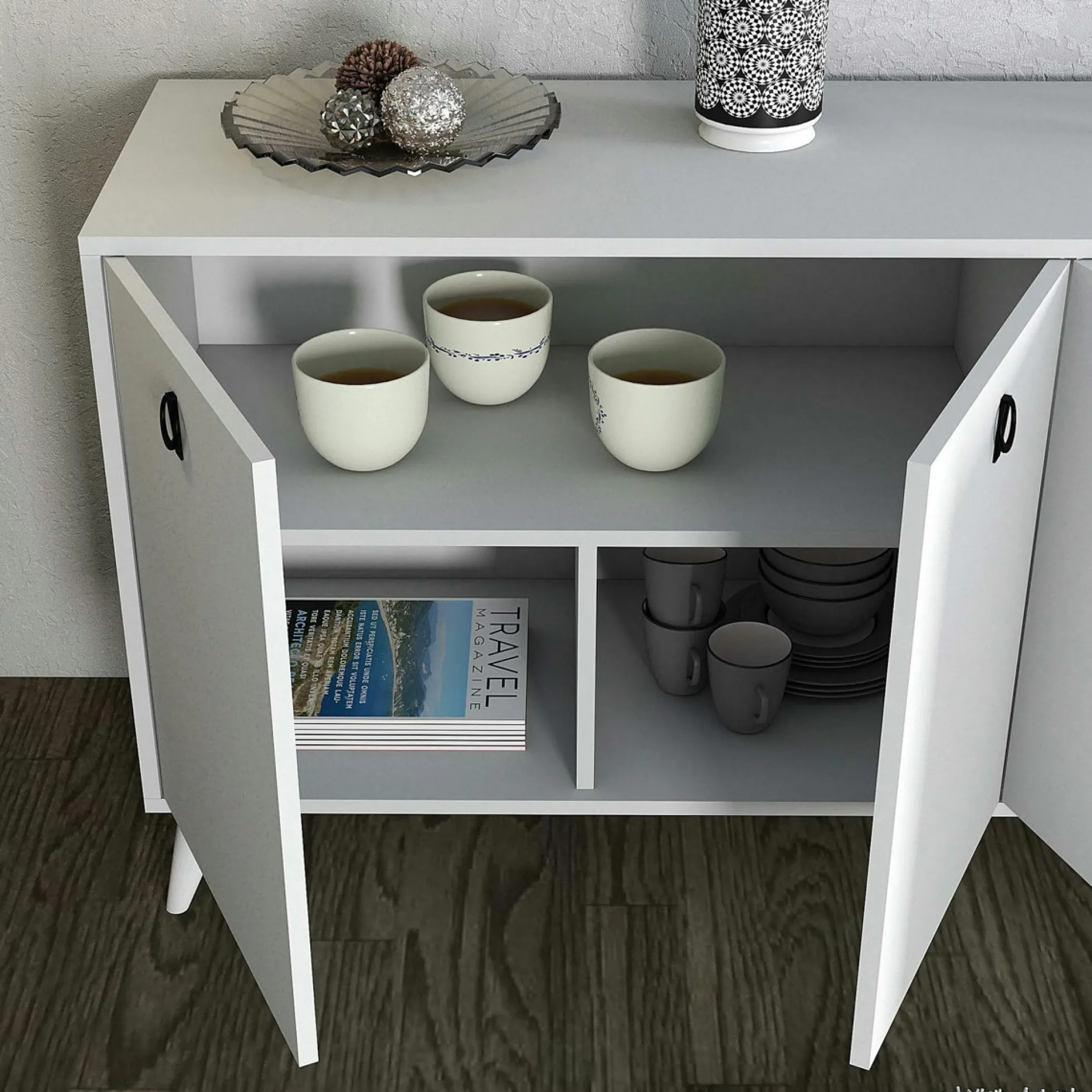 Buffet blanc moderne 4 portes, poignées à anneaux UMEA