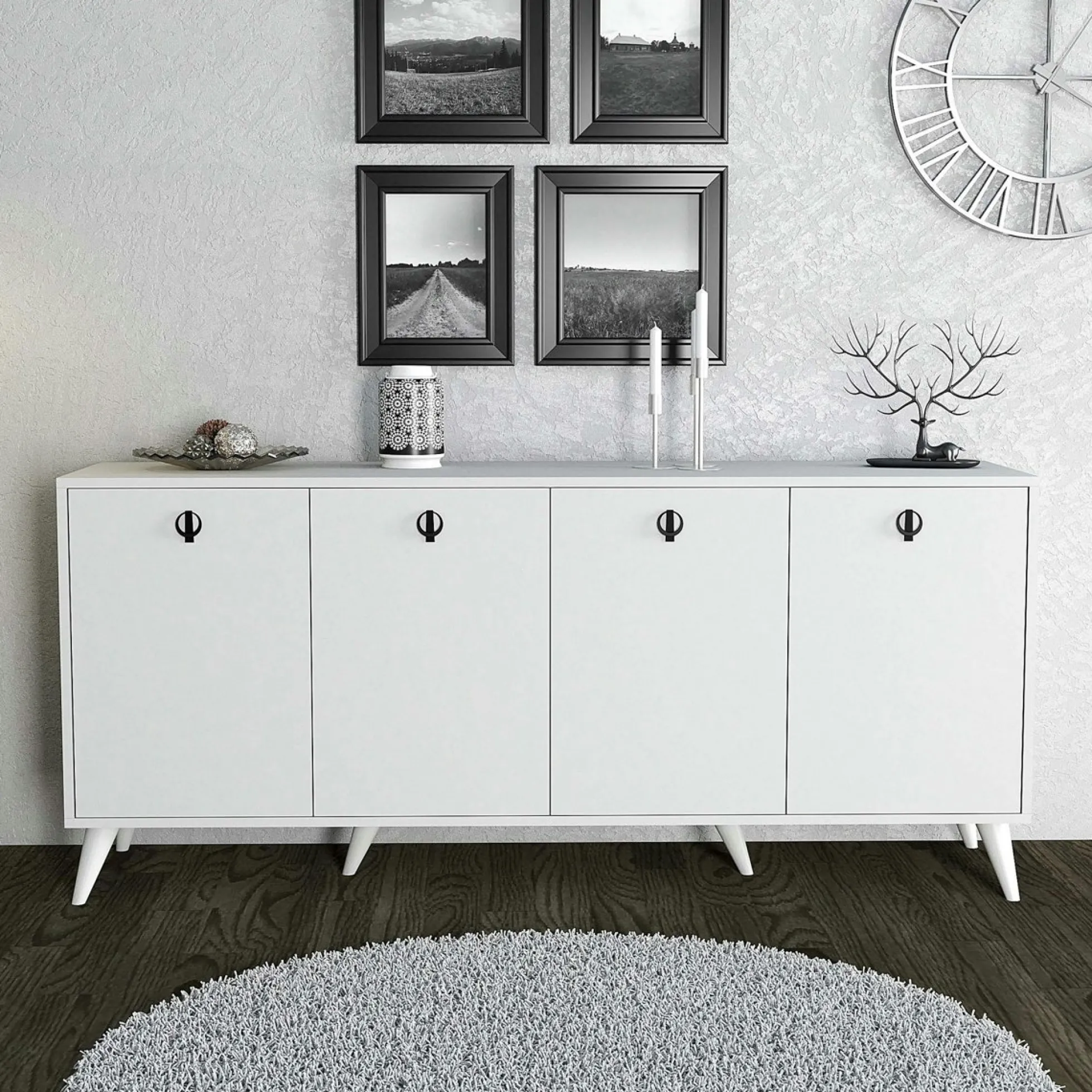 Buffet blanc moderne 4 portes, poignées à anneaux UMEA