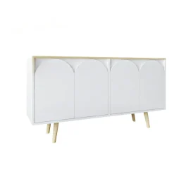 Buffet blanc 4 portes courbes et plateau effet bois VAREN