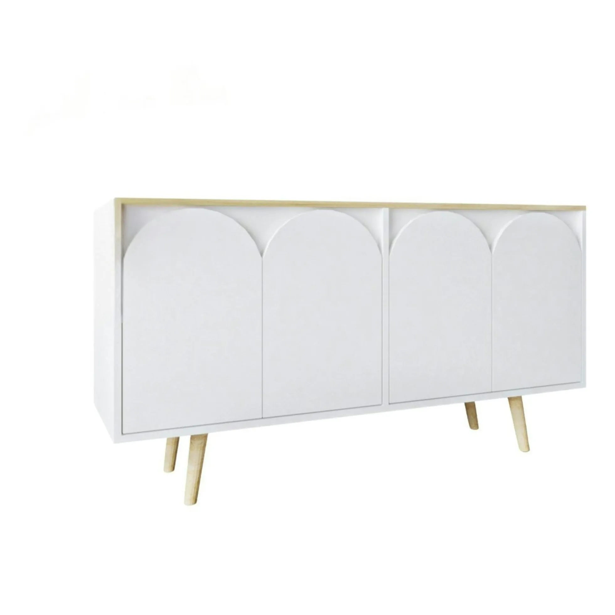 Buffet blanc 4 portes courbes et plateau effet bois VAREN