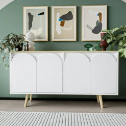 Buffet blanc 4 portes courbes et plateau effet bois VAREN