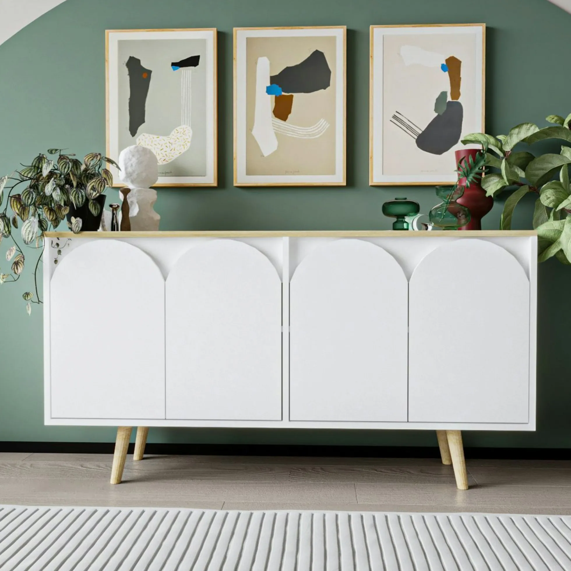 Buffet blanc 4 portes courbes et plateau effet bois VAREN