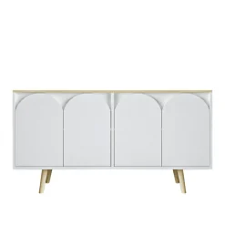 Buffet blanc 4 portes courbes et plateau effet bois VAREN