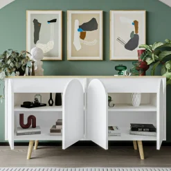 Buffet blanc 4 portes courbes et plateau effet bois VAREN