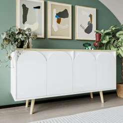 Buffet blanc 4 portes courbes et plateau effet bois VAREN