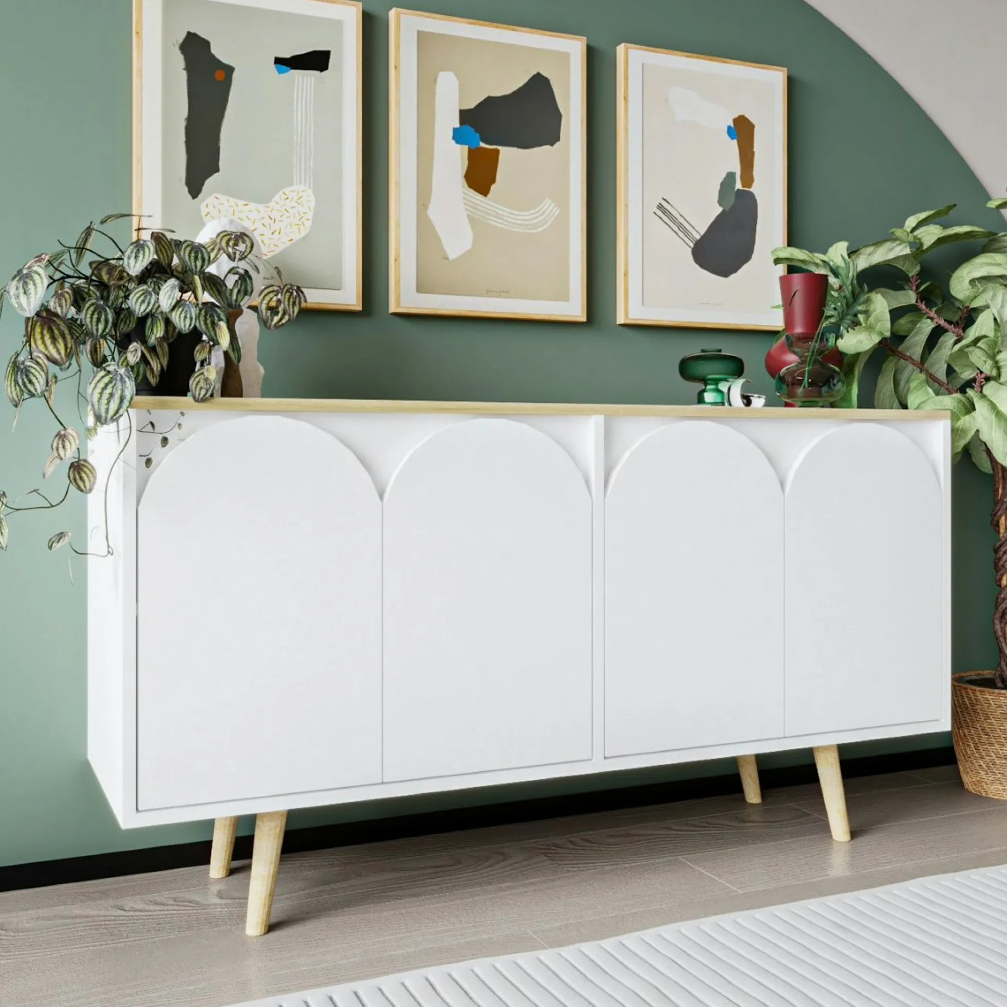 Buffet blanc 4 portes courbes et plateau effet bois VAREN