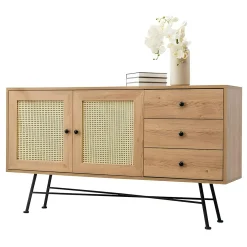 Buffet bohème effet bois, 2 portes en cannage VAREN