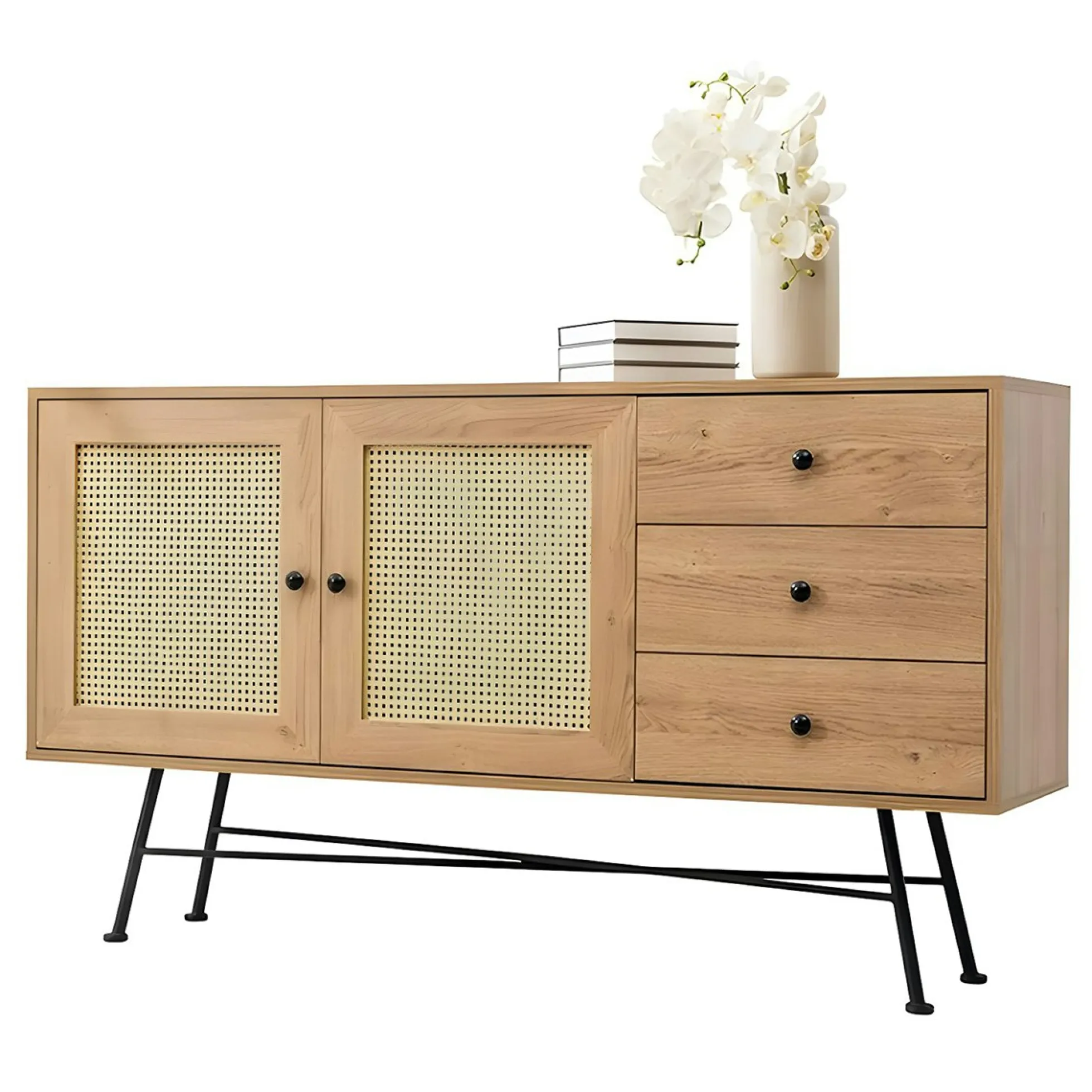 Buffet bohème effet bois, 2 portes en cannage VAREN