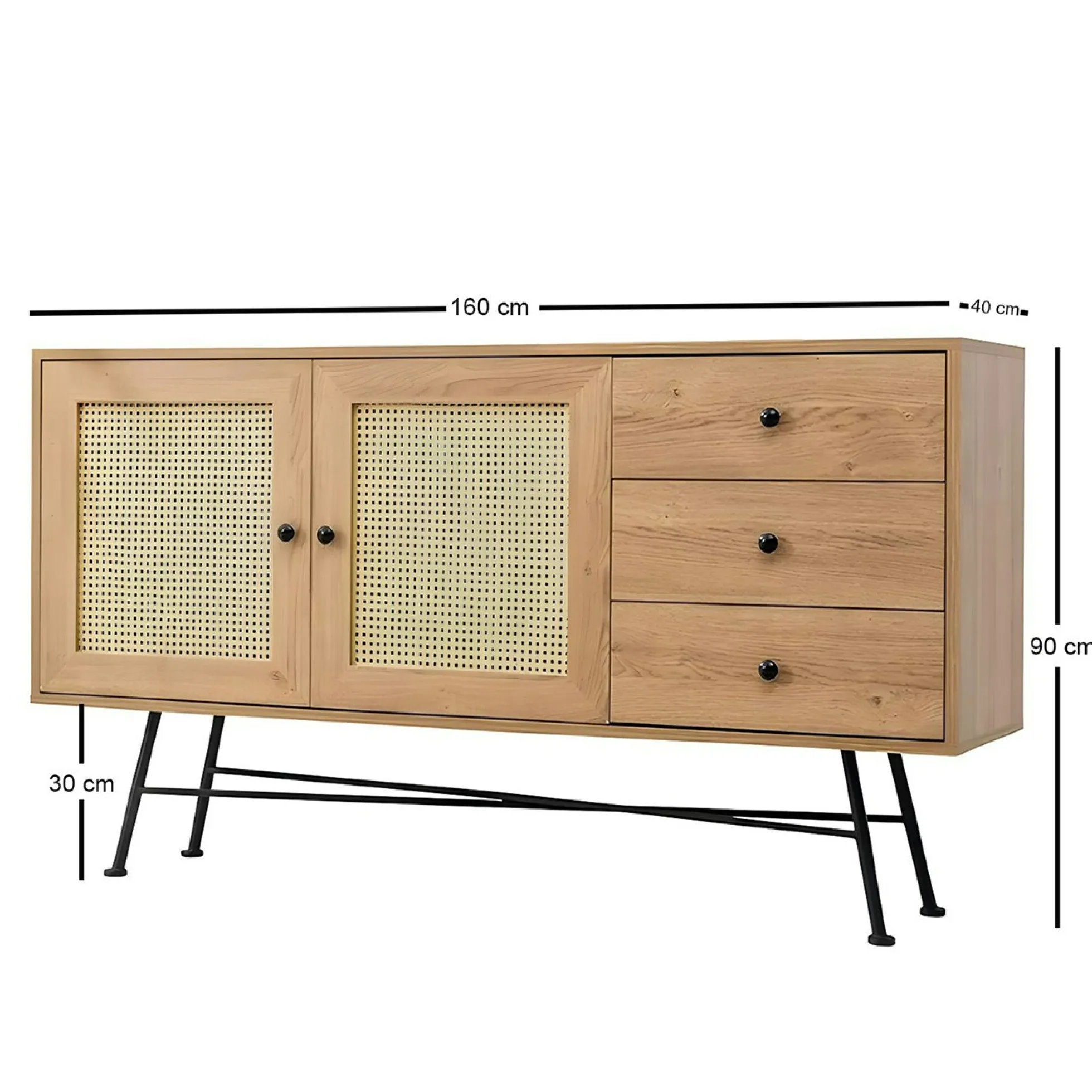Buffet bohème effet bois, 2 portes en cannage VAREN