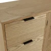 Buffet bois clair 2 portes rotin 3 tiroirs pieds métal PALMA