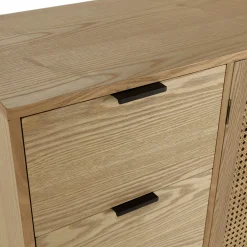 Buffet bois clair 2 portes rotin 3 tiroirs pieds métal PALMA
